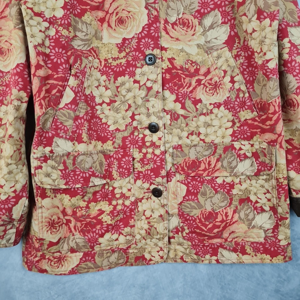 LL Bean Jacket Womens Medium Red Floral Canvas Corduroy Collar Lined Barn Coat - Picture 5 of 16